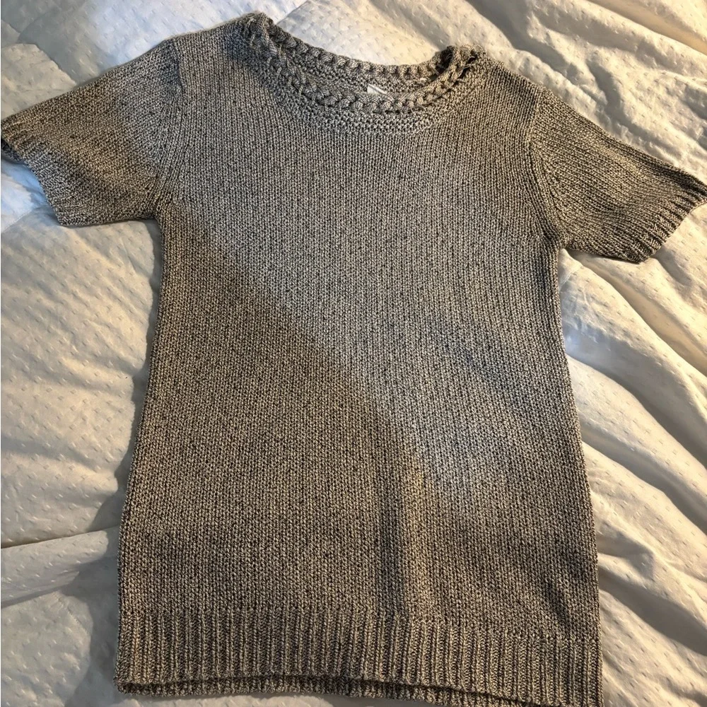 Anthropologie Moth Tan and Cream Short Sleeve Sweater Lattice Neckline XS